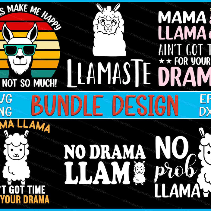 Collection of llama-themed designs with text and graphics on a black background