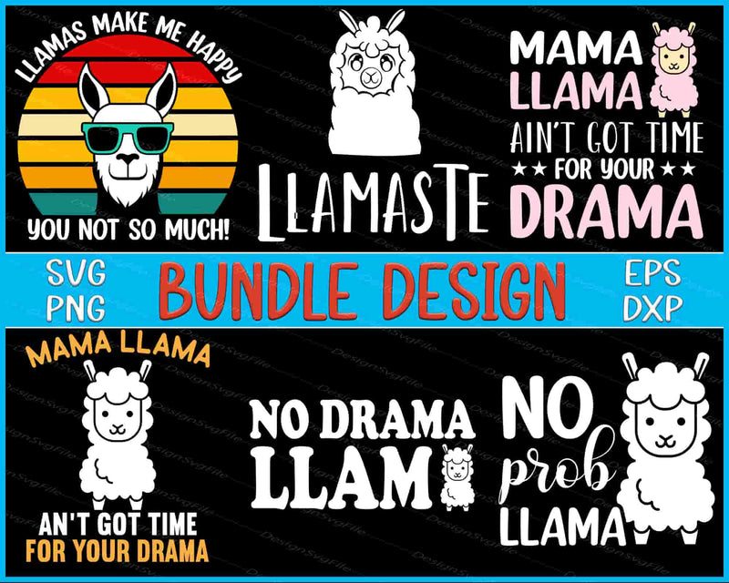 Collection of llama-themed designs with text and graphics on a black background