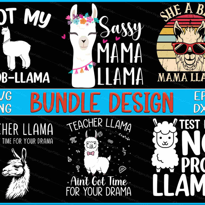 Collection of llama-themed designs with text and graphics on a black background.