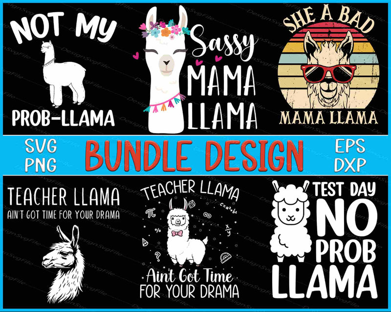 Collection of llama-themed designs with text and graphics on a black background.