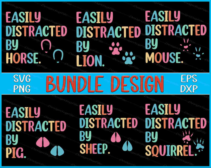 Colorful text design bundle with various animals on a black background
