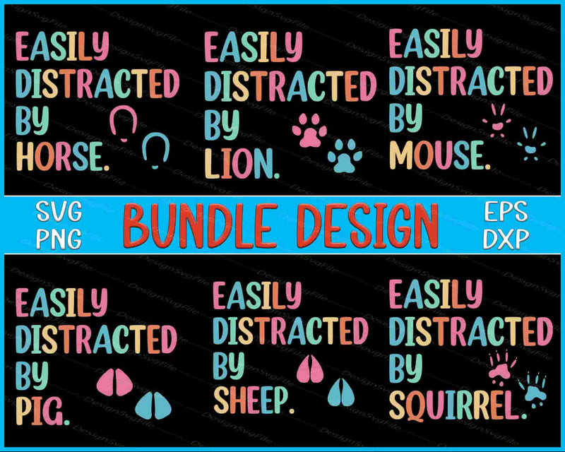 Colorful text design bundle with various animals on a black background