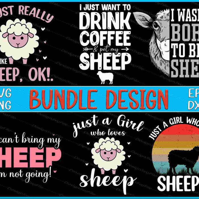 Collection of sheep-themed designs with text and graphics on a black background.