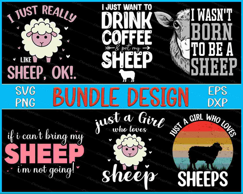 Collection of sheep-themed designs with text and graphics on a black background.