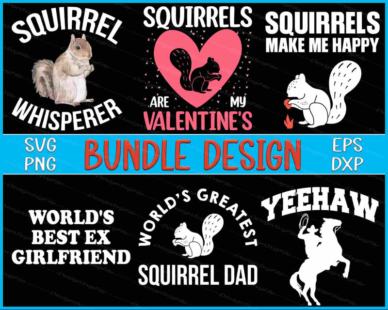 Collection of squirrel-themed designs with text on a black background