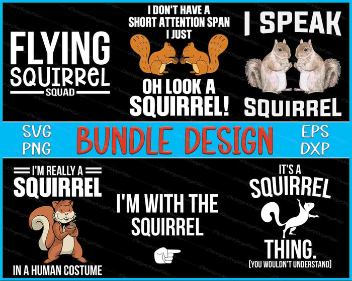 Collection of squirrel-themed designs with text and graphics on a black background.