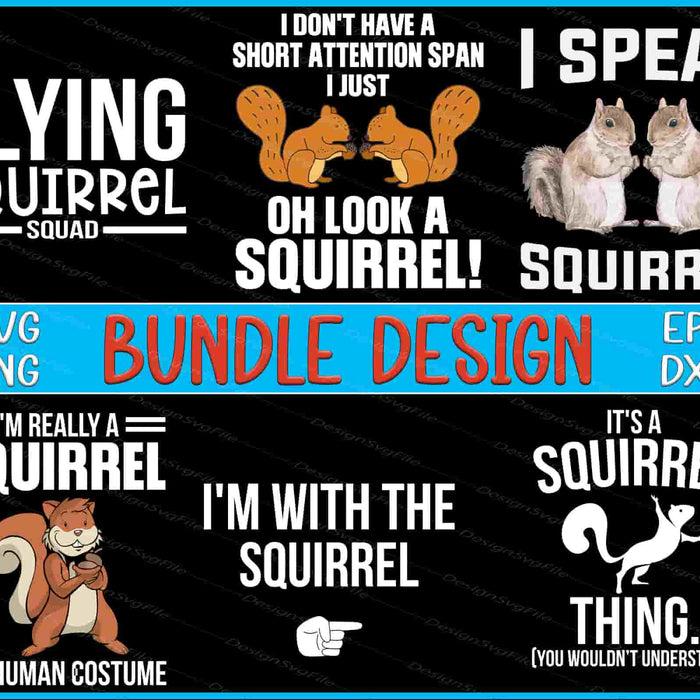 Collection of squirrel-themed designs with text and graphics on a black background.