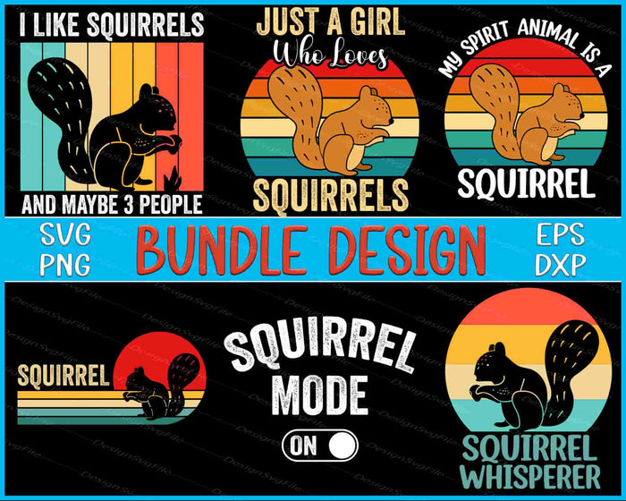 Collection of squirrel-themed designs with text and retro-style graphics on a black background.
