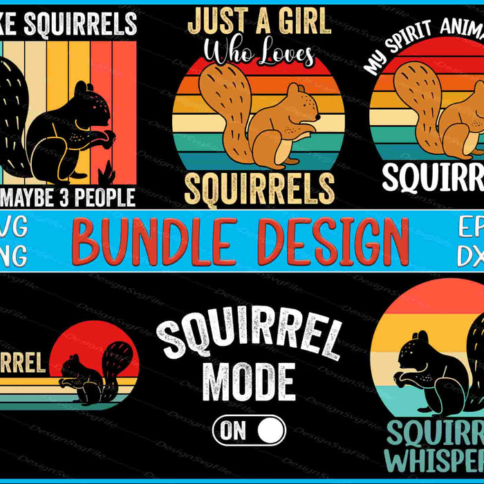 Collection of squirrel-themed designs with text and retro-style graphics on a black background.