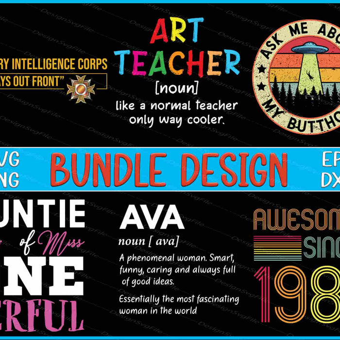 Collection of humorous and colorful text designs with various phrases and graphics on a black background.