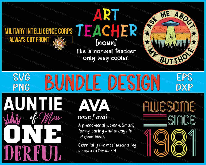 Collection of humorous and colorful text designs with various phrases and graphics on a black background.