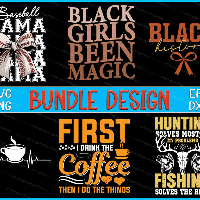 Collection of black and white graphic designs with text and icons on a black background.