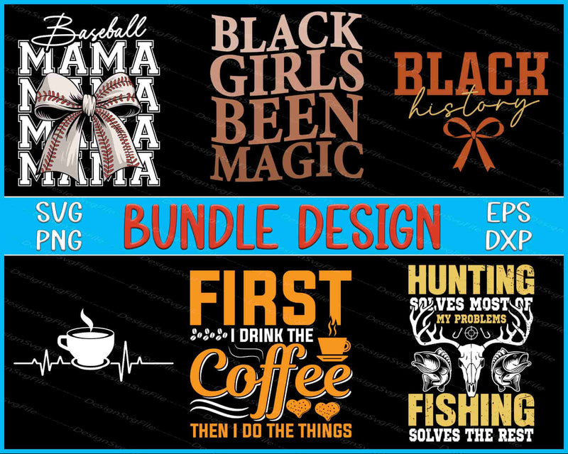 Collection of black and white graphic designs with text and icons on a black background.