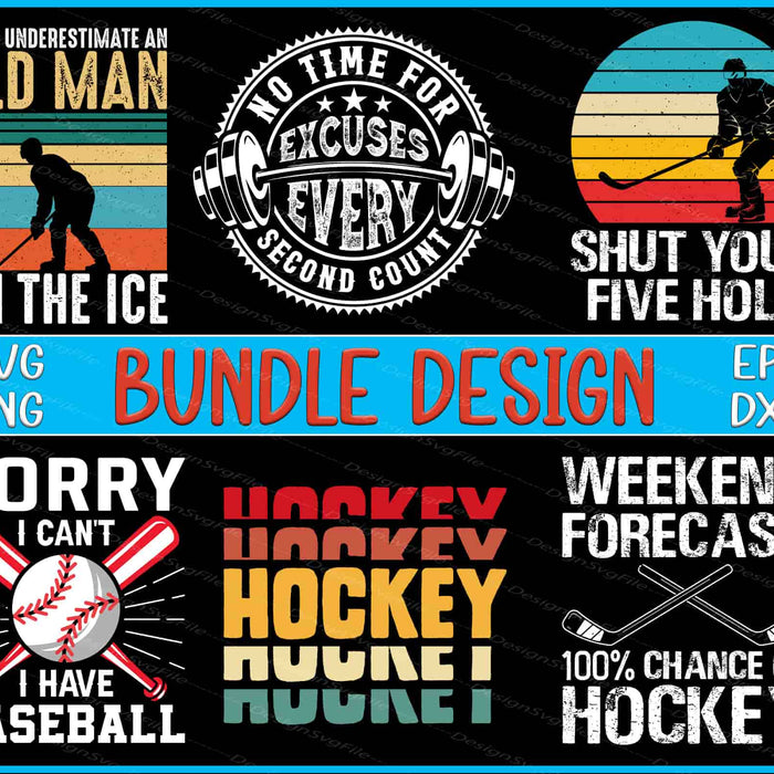 Collection of hockey-themed designs with text and graphics on a black background