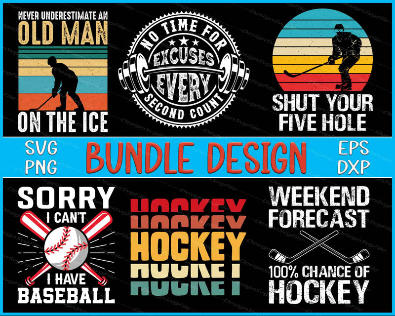 Collection of hockey-themed designs with text and graphics on a black background