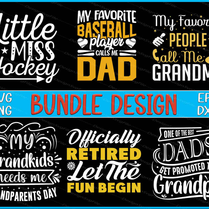 Collection of humorous and family-themed text designs with various fonts and colors on a black background.