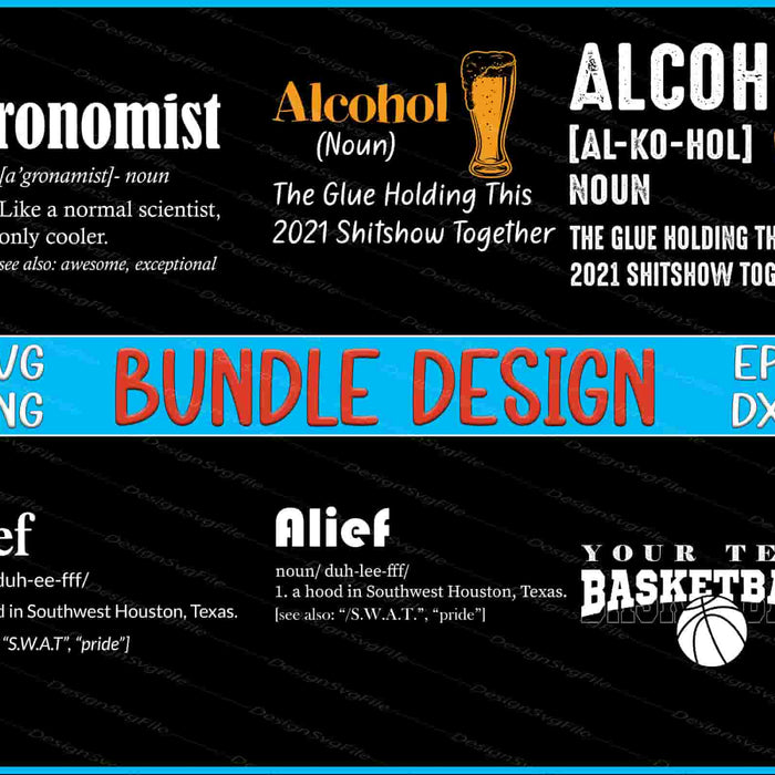 Design bundle with various text and logos on a black background