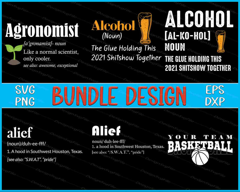 Design bundle with various text and logos on a black background