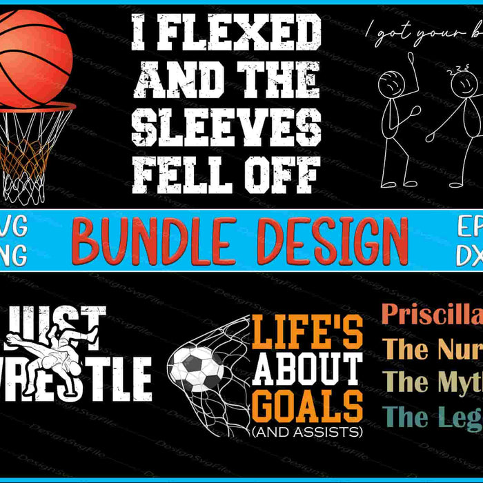 Collection of motivational and sports-themed designs with text and graphics on a black background.