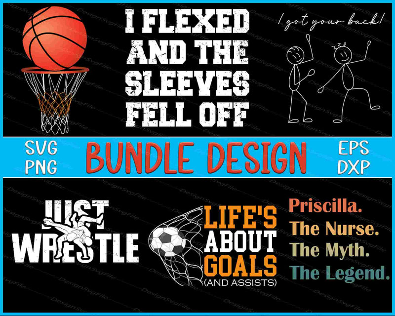 Collection of motivational and sports-themed designs with text and graphics on a black background.