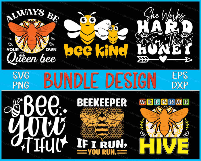 Collection of bee-themed designs with text and graphics on a black background