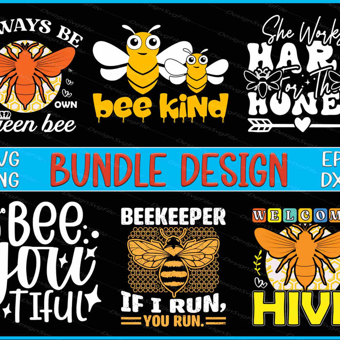 Collection of bee-themed designs with text and graphics on a black background
