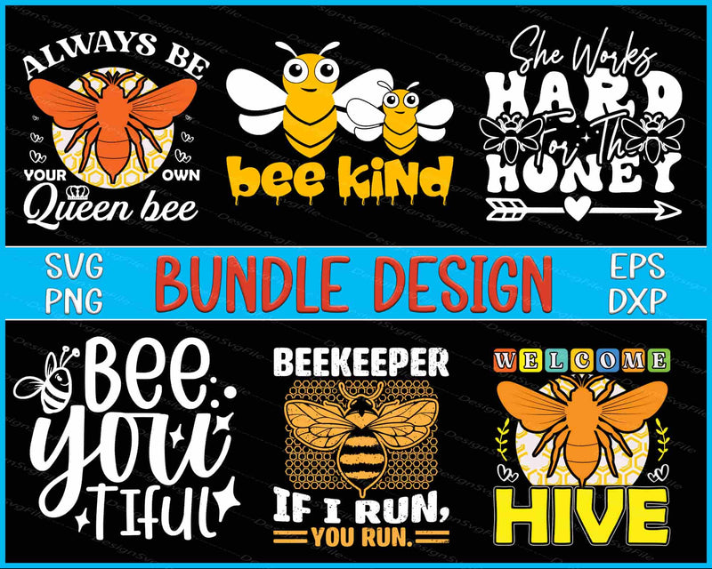 Collection of bee-themed designs with text and graphics on a black background