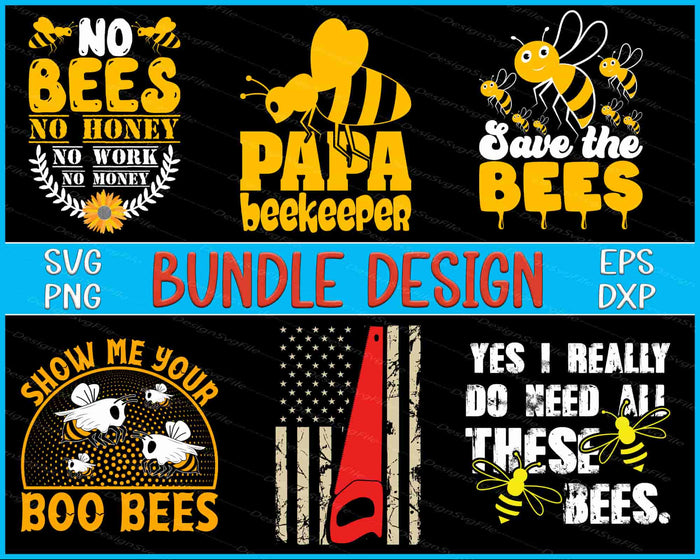 Collection of bee-themed designs with text and graphics on a black background.