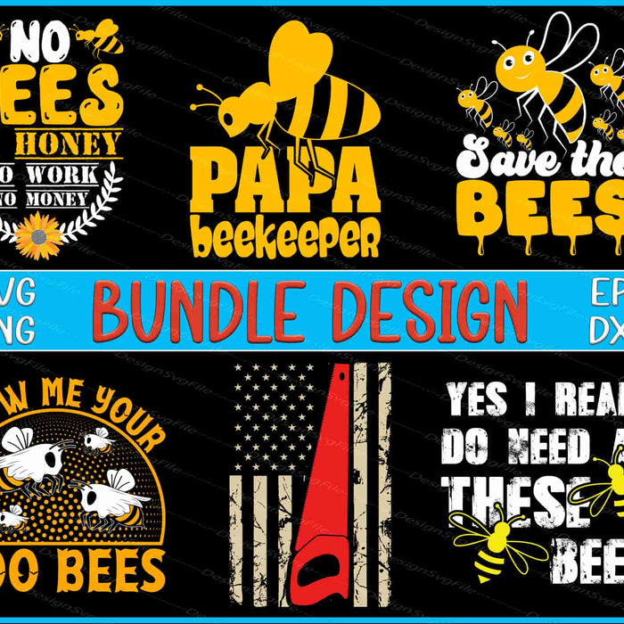 Collection of bee-themed designs with text and graphics on a black background.