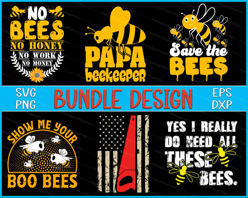 Collection of bee-themed designs with text and graphics on a black background.