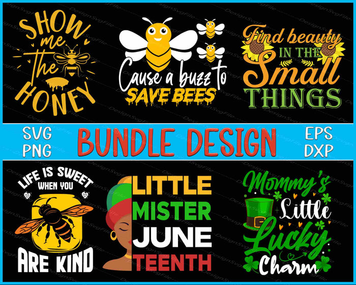 Collection of bee-themed designs with text and graphics on a black background.