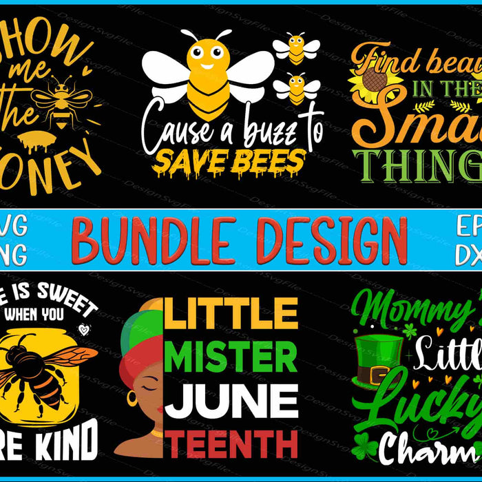 Collection of bee-themed designs with text and graphics on a black background.