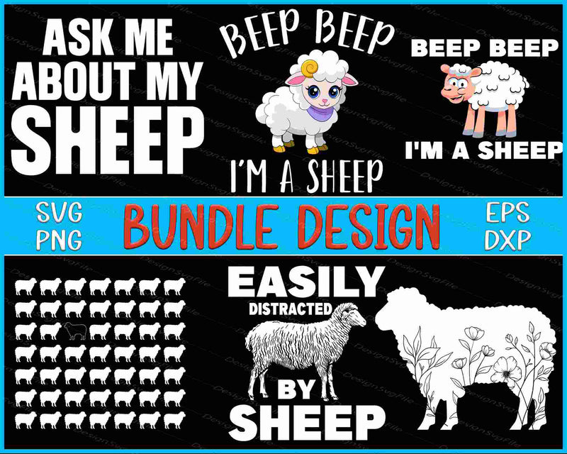 Sheep-themed bundle design with various graphics and text on a black background.
