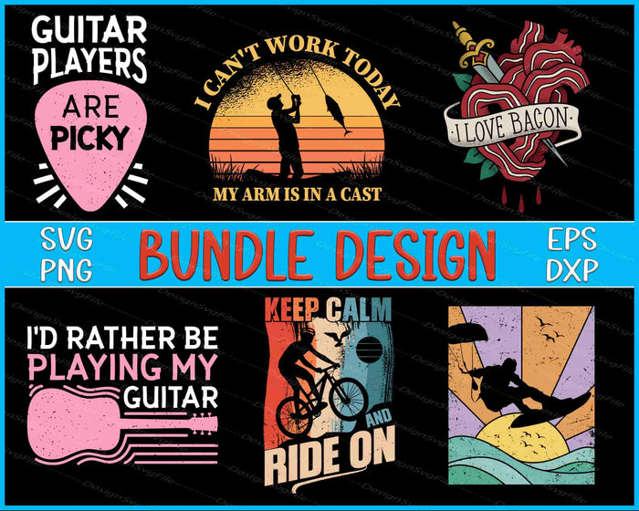 Collection of graphic designs with text and icons on a black background, featuring SVG, PNG, EPS, and DXF formats.