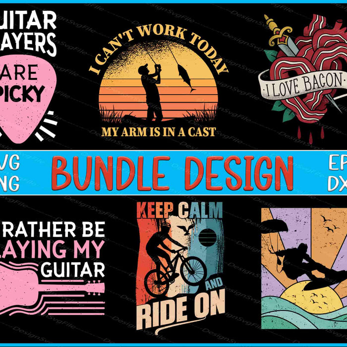 Collection of graphic designs with text and icons on a black background, featuring SVG, PNG, EPS, and DXF formats.