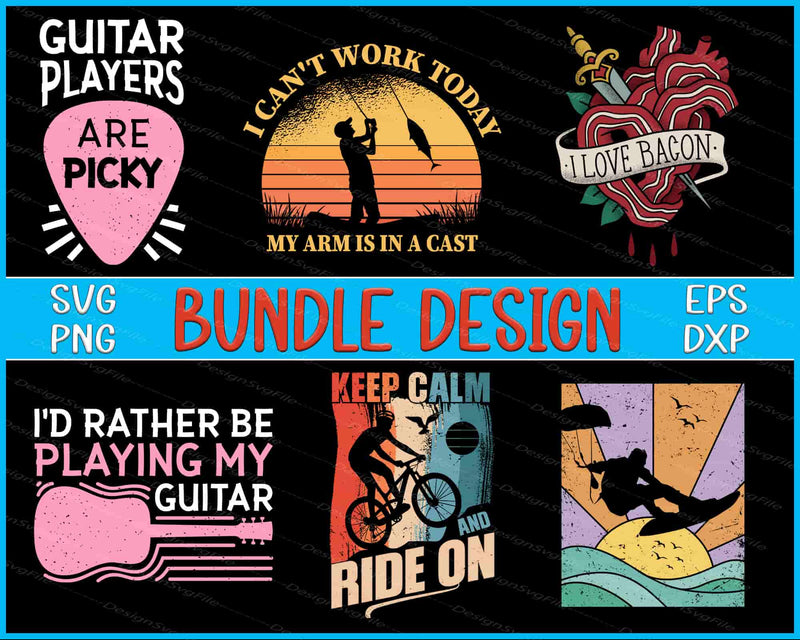 Collection of graphic designs with text and icons on a black background, featuring SVG, PNG, EPS, and DXF formats.