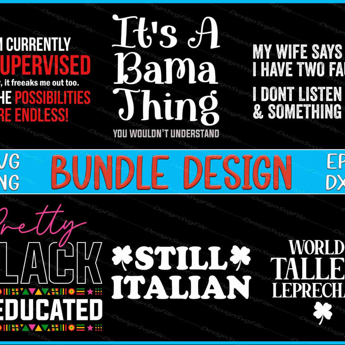 Collection of humorous text designs with various sayings on a black background.