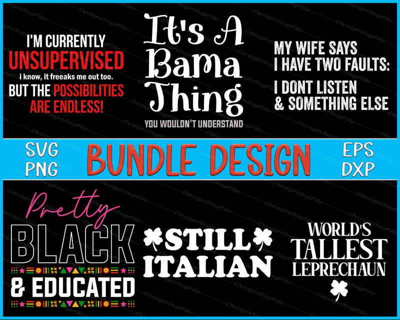 Collection of humorous text designs with various sayings on a black background.