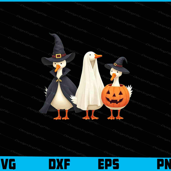 Three cartoon ducks dressed in Halloween costumes on a black background with file format options at the bottom.