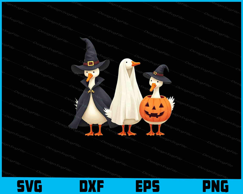 Three cartoon ducks dressed in Halloween costumes on a black background with file format options at the bottom.