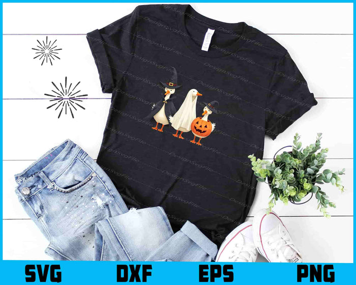 Three cartoon ducks dressed in Halloween costumes on a black background with file format options at the bottom.