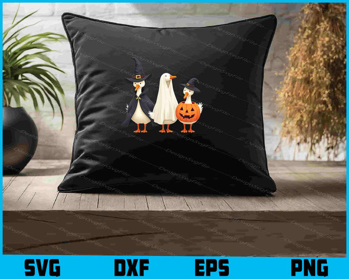 Three cartoon ducks dressed in Halloween costumes on a black background with file format options at the bottom.