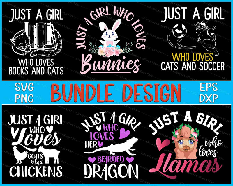 Set of six SVG designs featuring 'Just a Girl Who Loves' with various animals on a black background.