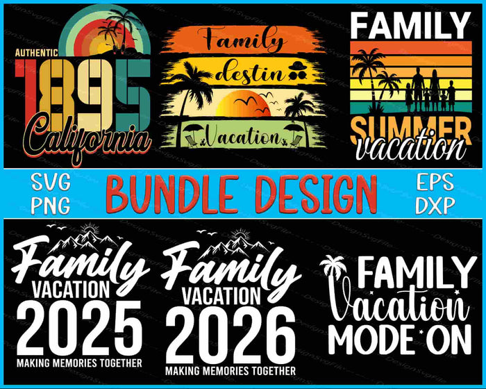 Collection of family vacation-themed designs with text and graphics on a black background.