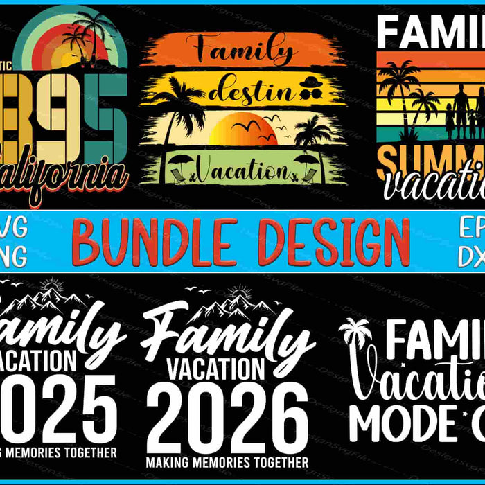 Collection of family vacation-themed designs with text and graphics on a black background.
