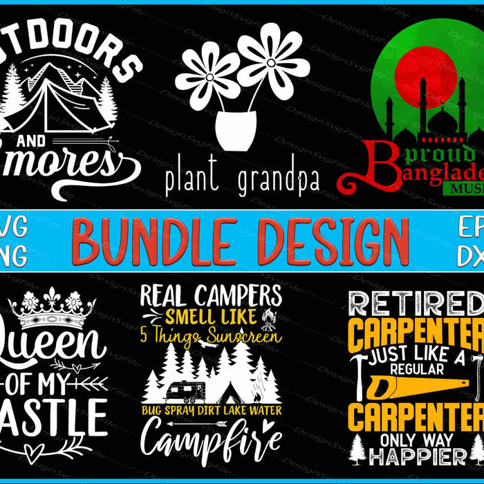 Collection of various design bundles with text and graphics on a black background.