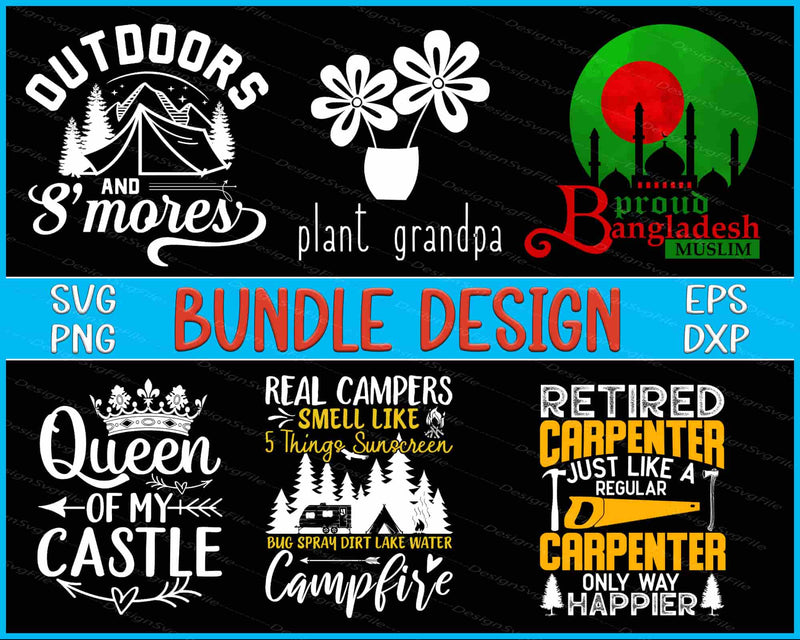 Collection of various design bundles with text and graphics on a black background.