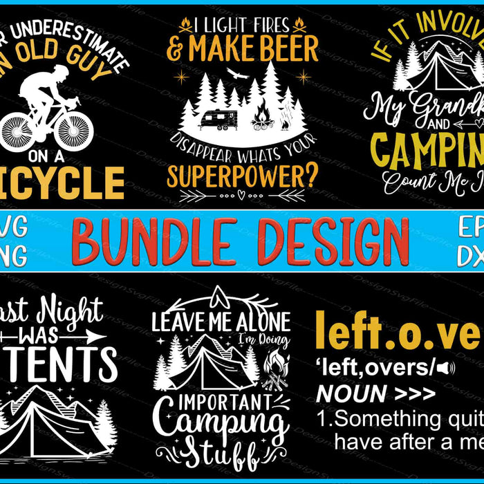 Collection of camping-themed designs with text and graphics on a black background.