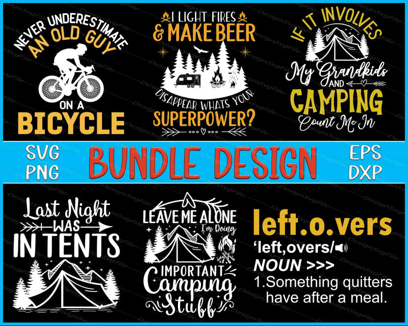 Collection of camping-themed designs with text and graphics on a black background.
