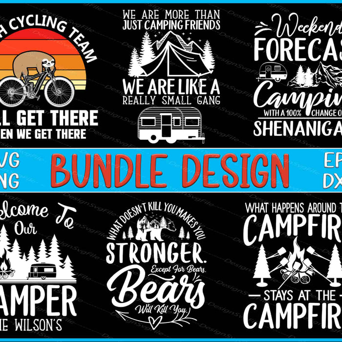 Collection of camping-themed designs with text and graphics on a black background.